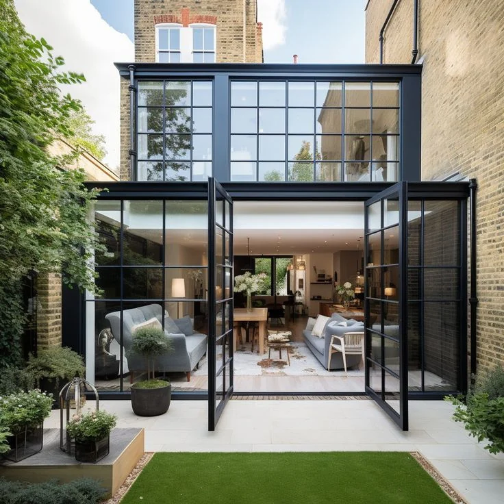 Large glazed doors opening from a living space